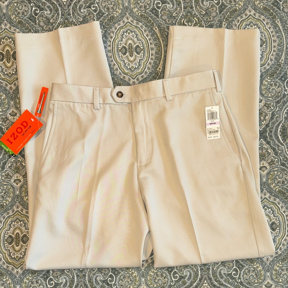 NWT IZOD XFG Men's Khaki Tan Golf Pants Size 32 x 30 Glove Pocket Tee Pocket